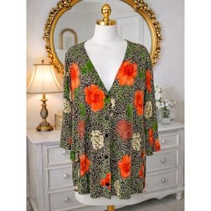 The Travel Collection Slinky Knit Cardigan Vibrant Leopard Orange Floral Size 1X